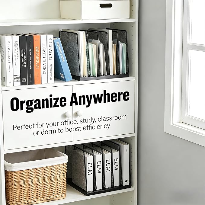 AUPSEN 5-Section Wooden Desktop File Organizer, File Sorter Storage Rack, Vertical File Holder for Office Supplies, Black