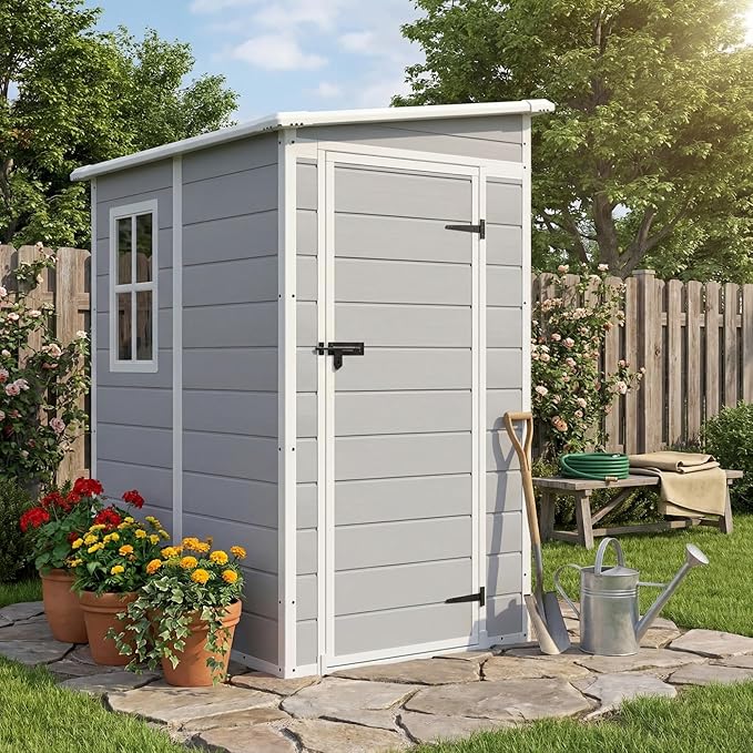 Devoko 5x4 FT Plastic Outdoor Storage Shed with Floor, Waterproof Resin Garden Shed with Lockable Door, Outside Tool Shed for Backyard, Patio, Lawn, Light Grey