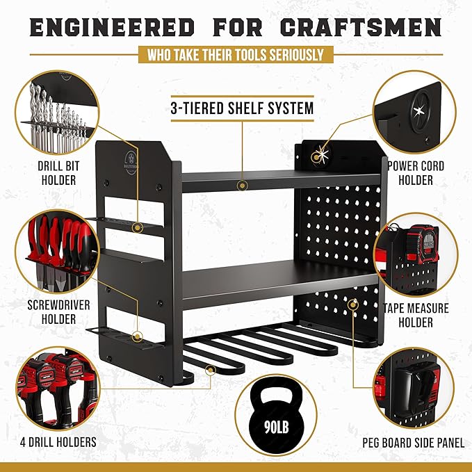Power Tool Organizer Wall Mount - 3-Tier Heavy-Duty Metal Hand Tool Storage Rack, Utility Racks, Drill Holder, PegBoard Side, & More - Garage Storage Cordless Tool Organizer (Black)