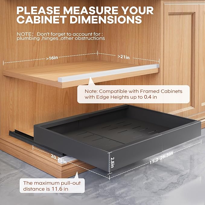 2 Pack Expandable Pull Out Cabinet Organizer 21"Deep With Raising Pad for Framed Cabinets,Upgrade 3 Slide Rails Slide Out Drawers,Roll Out Shelves Adhesive,Adjustable Width 15.15"-26.3" Black
