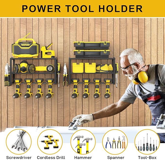 Spacecare Power Tool Organizer- Power Drill Tool Holder- Heavy Duty Tool Shelf & 2 Pack 3 Layers Tool Rack Cordless Drill Holder- Floating Tool Shelf Wall Mounted Tool Storage Rack for 8 Drill Holders