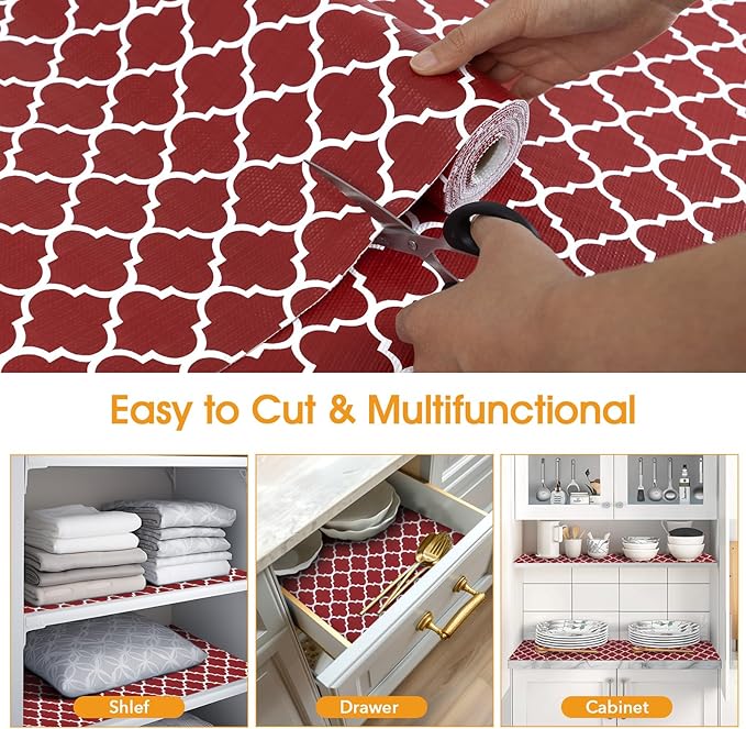 Shelf and Drawer Liner for Kitchen Cabinets Non-Adhesive, Strong Grip Non-Slip Thickened Cabinet Liners for Shelves, Waterproof Mats for Dresser Cupboard, Red/White, 12 in x 20 Feet