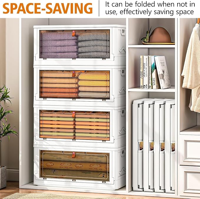 4 Tier Storage Bins with Lids 102QT, Stackable Storage Containers with Wheels, Folding Boxes, Extra Large Collapsible Bins, White