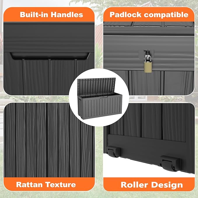EasyUp 90 Gallon Outdoor Deck Box Waterproof, UV Resistant Resin Outdoor Storage Box for Delivery, Porch, Patio and Garden, Black