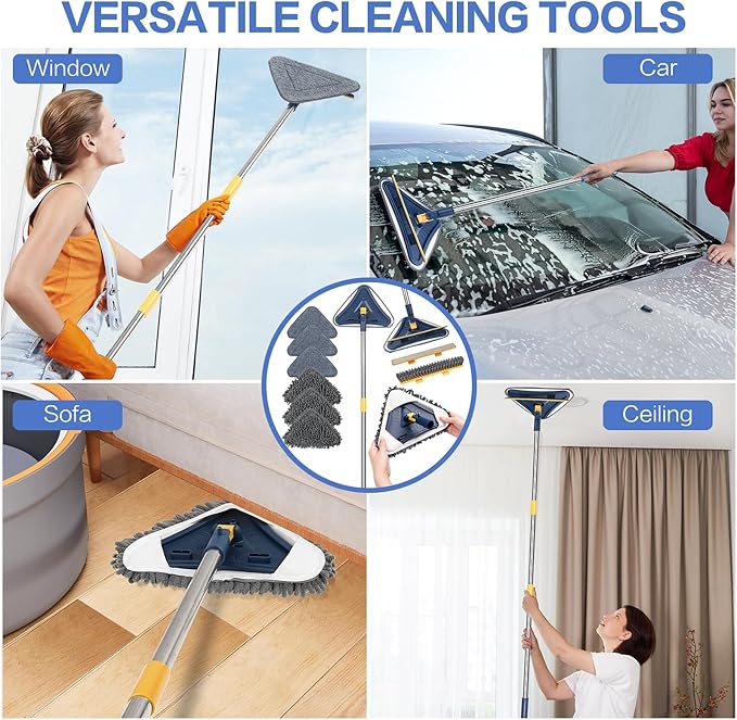 80" Wall Cleaner Mop with Long Handle, Sunoyar 5-in-1 Walls Washer for Baseboard Duster Ceiling Painted Wall, 360°Rotation Wall Cleaning Tool Kit with Squeegee Chenille Microfiber Pad Brush Scraper