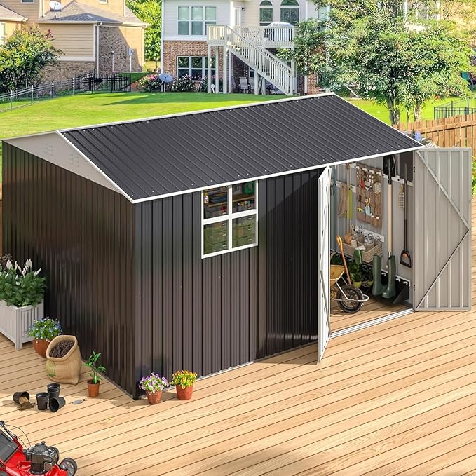 Polar Aurora 10X12 FT Metal Outdoor Storage Shed with Window, Heavy-Duty Galvanized Steel Garden Shed with Lockable Doors and 4 Vents, Large Weatherproof Tool Shed for Backyard Patio Outside, Black