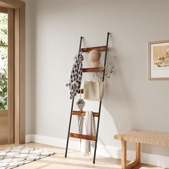 ELYKEN Blanket Ladder for Living Room, Farmhouse 5-Tier Quilt Holder with 4 Removable Hooks for Bathroom, Wood Towel Rack Display, Wall Anchor Leaning Decorative Stand for Home, Rustic Brown