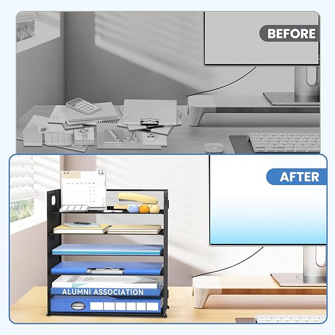 Daltack 6 Tier Paper Organizer for Desk, Paper Letter Tray Organizer for Desks, Mesh Desk File Organizers with Handle for Office, Home, School, Black