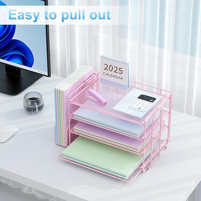 Spacrea Desk Organizers and Accessories, Paper Organizer for Desk with File organizer, Desk Accessories & Workspace Organizers for Office Supplies (Pink)