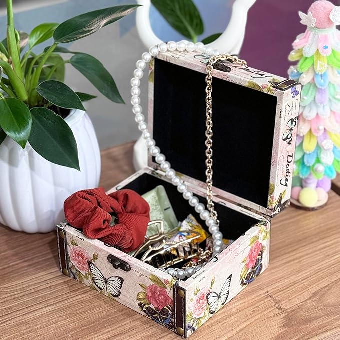 MIAO JIN Butterfly Jewelry Box Pink Storage Decorative Box for Jewelry Trinkets Photos Wood Treasure Chest Box for Women Girls Gifts Decorative Keepsake Box Home Decorations