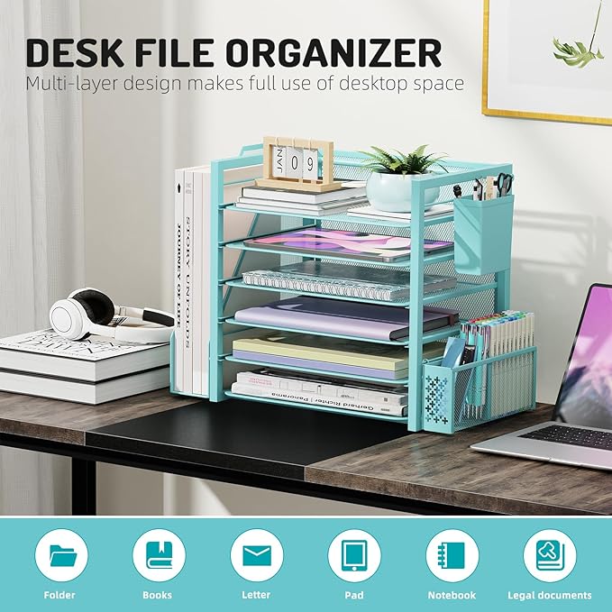 Simple Trending 6 Tier Desk File Organizer, Paper Letter Tray Organizer with File Holder and Pen Container, Blue