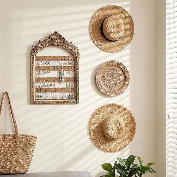 1 Pcs Wall Hanging Earring holder Organizers Vintage Arched Frame 4 Layer Wall Mounted Jewelry Holder Decorative Retro Baroque Stud Earring Display Gift (Gold,10 x 6.9'')