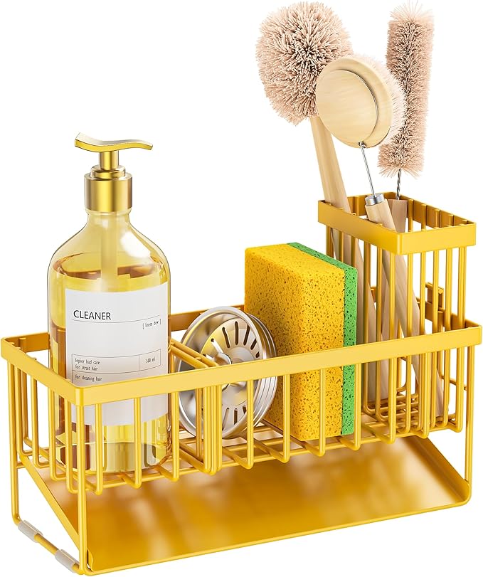 Cisily Yellow Sink Caddy Organzier with High Brush Holder, Sponge Holder for Sink, 304 Rustproof Stainless, Kitchen Countertop Soap Dispenser Organizer,Yellow Kitchen Decor and Accessories