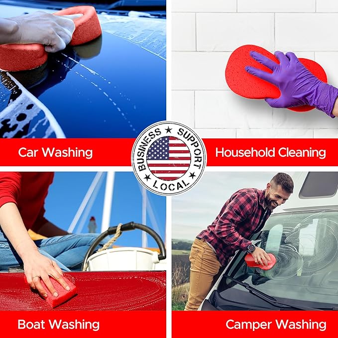 Multi-Purpose Sponges for Cleaning - Red 4 Pack, Large Sponges for Car Washing, Tile & Grout, All Purpose Cleaning