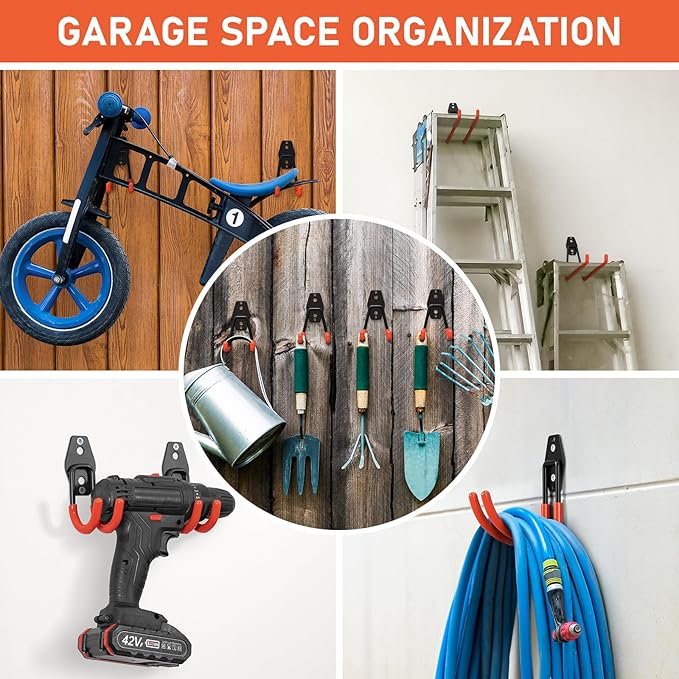 30 Pack Garage Hooks Heavy Duty, Rust-Resistant Solid Steel Wall Mount Hangers for Hanging Ladders & Bikes, Non-Slip PVC Coating Tool Organizer, 5 Sizes U & J Shapes + 2 Straps