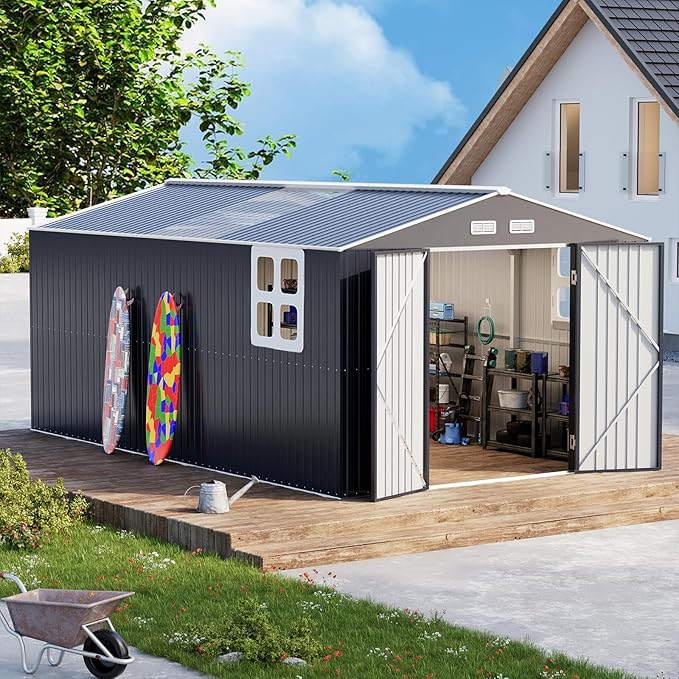 10x16 FT Metal Outdoor Storage Shed,Unique Clear Roof Window Lockable Double Door Air Vent Heavy Duty Reinforced Frame Waterproof Sheds for Garden Yard Large Lawnmower Tool,Dark Grey