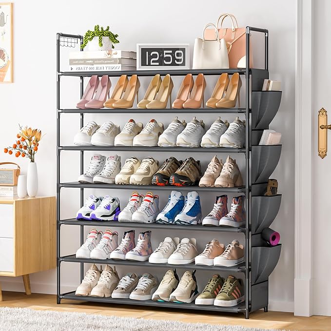 OYREL Large Capacity 7 Tier Shoe Rack, Black, 33.3in Wide x 11.2in Deep x 48.7in Tall, Holds 28-35 Pairs of Shoes, Ultra-Minimalist Style, Waterproof and Durable