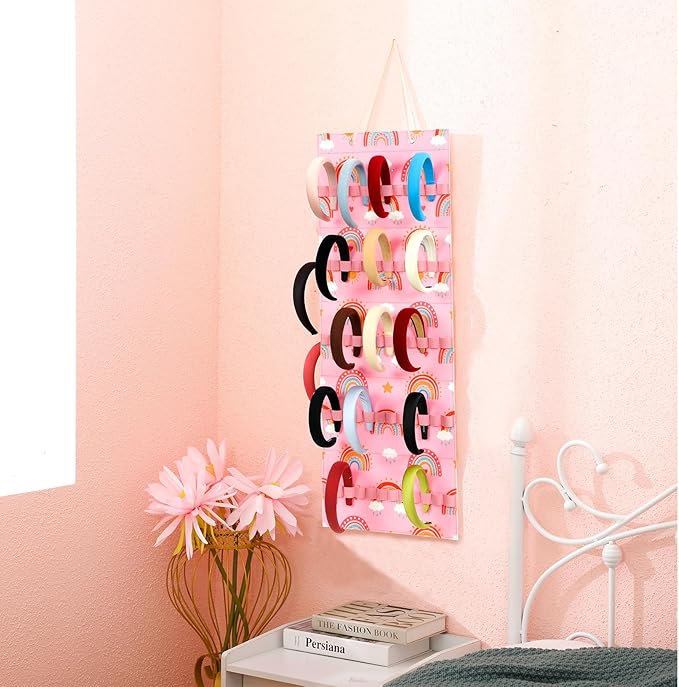 Tudomro Hanging Headband Holder for Girls Felt Hair Accessories Organizer with 60 Elastic Bands Bow Hanger for Girls Hair Bows Without Headbands(Rainbow,Pink)
