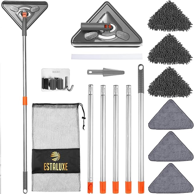 85" Wall Mop Cleaner with Long Handle and Stainless Steel Hook - 180° Rotating Wall Cleaner - Duster Tool for Walls, Multifunctional Scrapper, Ceiling, Windows and Floor with Extension Poles