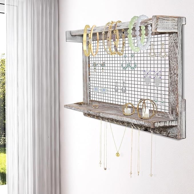 Rustic Wall Mounted Jewelry Organizer with Removable Bracelet Rod & Shelf - Multi-Functional Earring Holder, Necklace Organizer and Bracelet Stand with Hooks for Jewelry Storage and Display