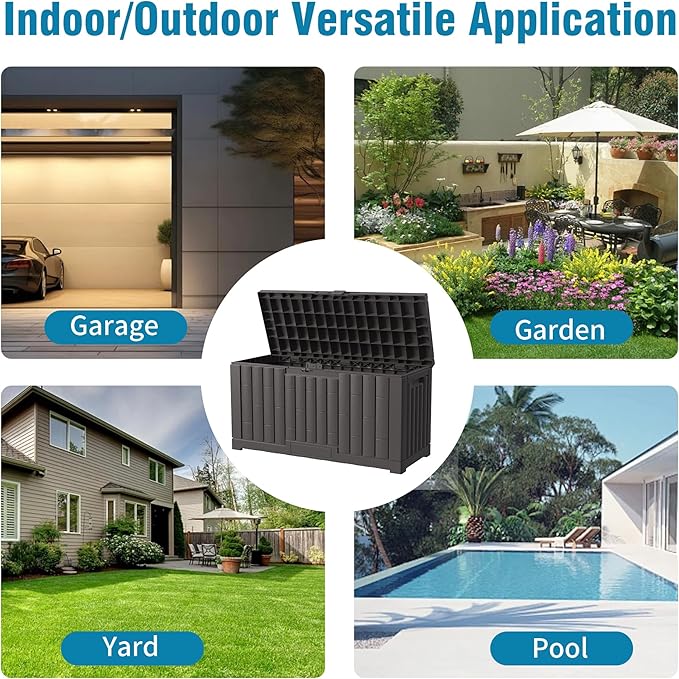 Outdoor Storage Box, 60 Gallon Waterproof Deck Box, Lockable Storage Container, Built-in Reinforcing Metal Rod Outside Resin Bin for Patio, Garden, Poolside and Garage