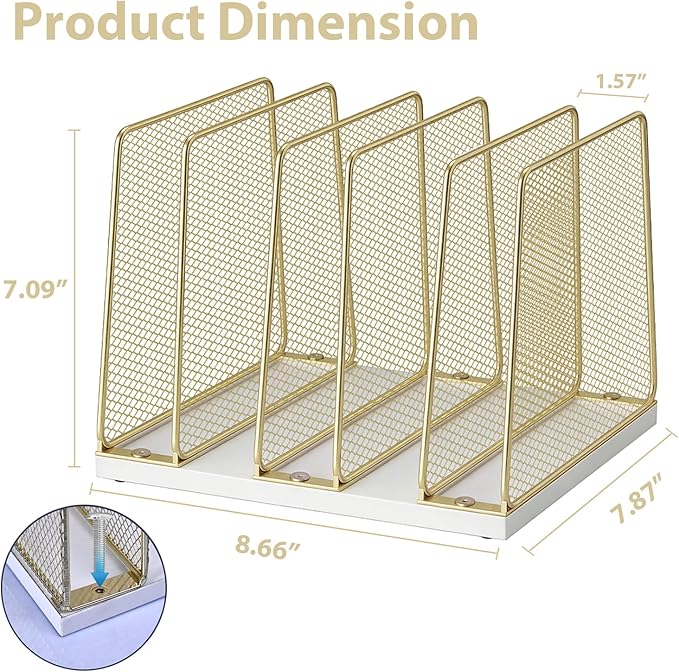Gold Desk File Organizer, 5-Section Upright File Sorter, Vertical File Folder Holder, Mesh Metal Wood Office Desktop Organization for Document, Magazine, Books and more (White and Gold)