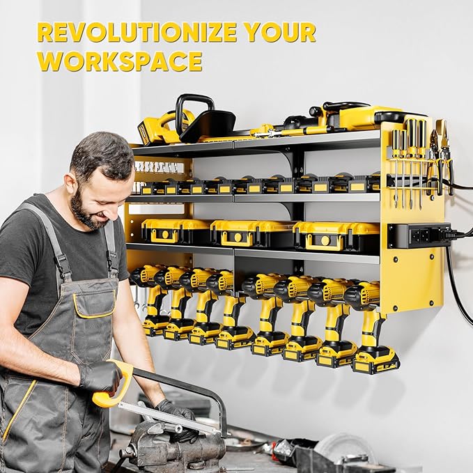 Large Power Tool Organizer Wall Mount with Charging Station,4 Layer Heavy Duty Metal Storage Rack Loads 600lbs with 8 Cordless Drill Holder,Battery Utility Rack Gift for Garage workshops Room