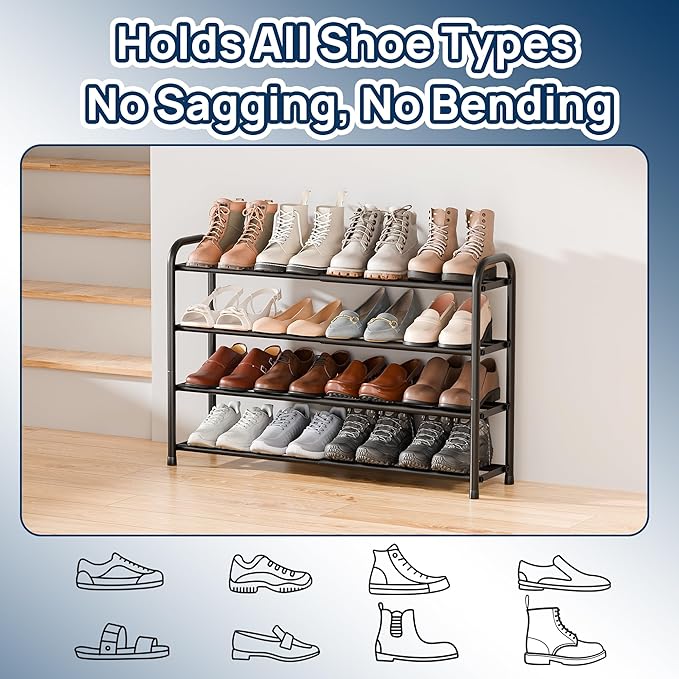 ENJOYBASICS Expandable Shoe Rack, 4 Tier Adjustable Shoe Organizer Shelf for Closet, Black Metal Free Standing Shoe Rack Storage for Small Space, Entryway