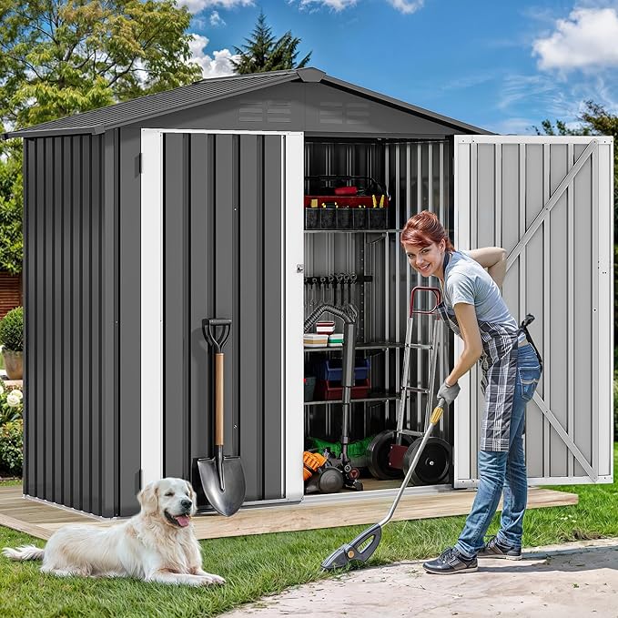 DWVO 6x4ft Tool Storage Shed, Lockable Doors, and Sloped Roof, Steel Outdoor Storage Shed for Garden, Patio, Garage, Backyard, Lawn - Dark Gray