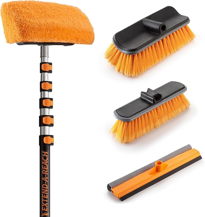 30-Foot Exterior House Cleaning Brush Set with 5-24 ft Extension Pole // Vinyl Siding Brushes with Telescopic Extendable Pole & Window Cleaning Squeegee Tool // The Ultimate Extension Scrub Brush Set