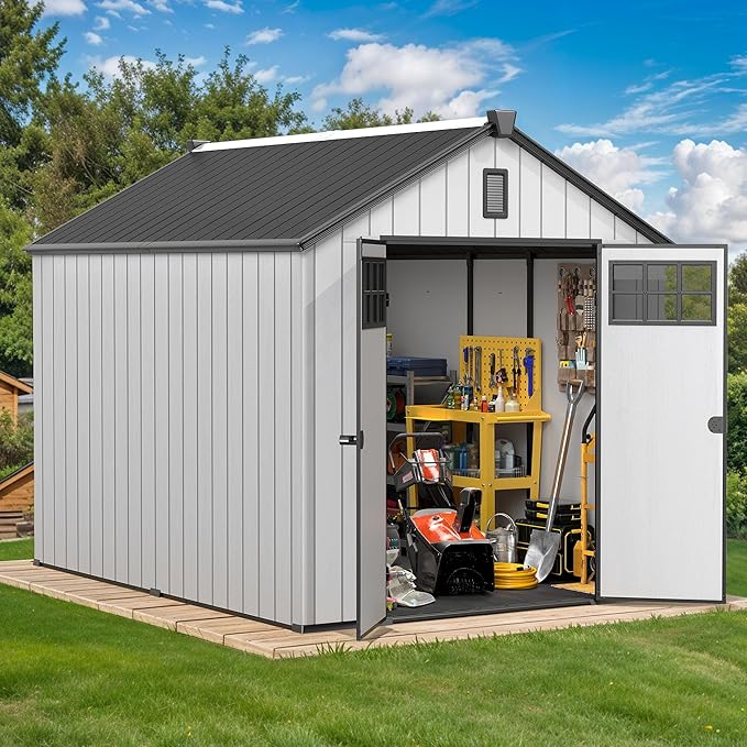 DWVO 8x10 FT Outdoor Storage Shed with Vision Grid Door Panel, 544 cuft Plastic Storage Shed with Floor & Vent, 16mm Heavy Duty Tool Garden Shed for Patio Supplies, Lawn Mower, Bikes, Dark Gray