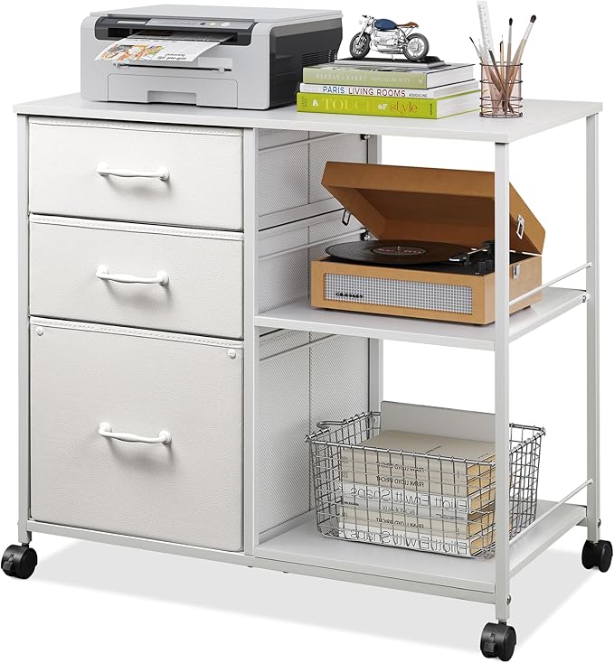 DEVAISE 3 Drawer File Cabinet with Open Shelf, Mobile Lateral Rolling Printer Stand, White Fabric Filing Cabinet fits A4/Letter Size for Home Office Storage