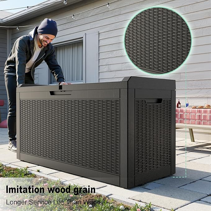 60 Gallon Waterproof Resin Deck Box, UV Resistant Outdoor Storage for Garden, Patio, Porch, Delivery（Black，60 Gallon）