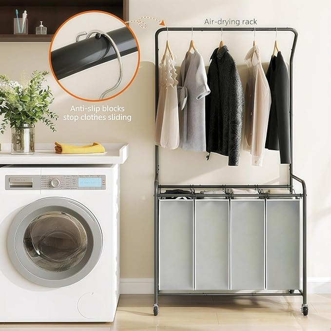 ROMOON Rolling Laundry Basket Organizer with Hanging Clothes Rack: 4 Section Laundry Hamper Sorter with Hanging Bar and Heavy-duty Lockable Wheels - Clothes Rack with Laundry baskets, 2025 Upgrade