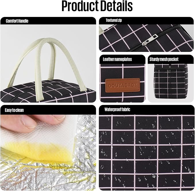 Lunch Bag Women/Men Lunch Box Women/Men (Black+Pink Blocks)