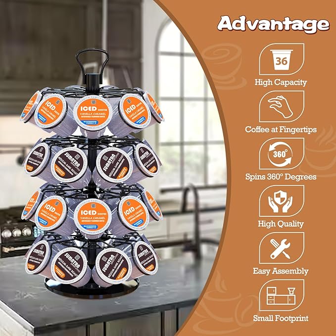 36 K Cup Pod Carousel Easy Assembly Design K Cup Holders,K Cup Holder, K Cups Holder,K Cup Carousel, 4-Tier Coffee Pods Holder Storage Organizer Stand,Glossy Black