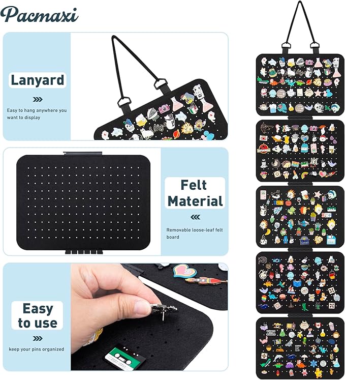 Hanging Enamel Lapel Pin Display Panels Organizer With 5 Loose-leaf Board Pieces, Brooch Display Pages, Badge Collection Holder Holds At Least 120 Pins.(Pins Not Included) (black, rectangle)
