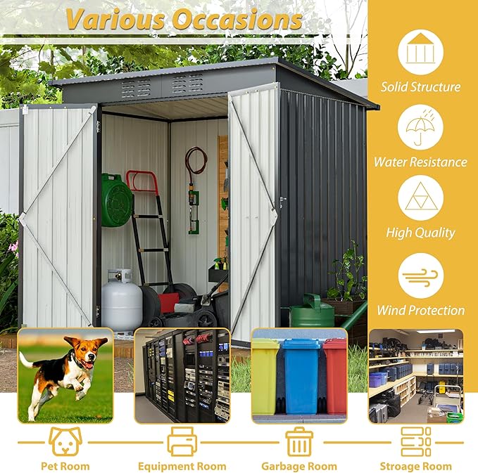 6x4 FT Outdoor Storage Shed,Metal Heavy-Duty Tool Shed with Hinged Door and Padlock,Waterproof Garden Shed W/Vents,All Weather,Foldable House for Garden Backyard,Lawn,Black