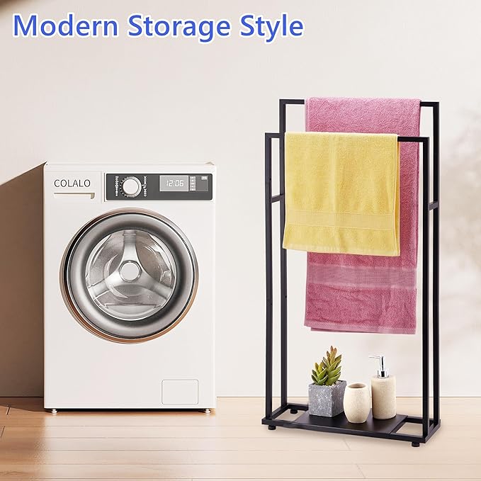Standing Towel Racks for Bathroom, 39'' Tall 2 Tier Bathroom Towel Stand with Storage Shelves, Modern Standing Pool Drying Rack for Outdoor, Black Blanket Holder, ALHAKIN