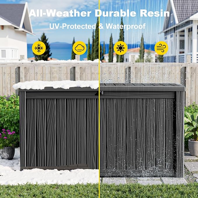 200 Gallon Waterproof Outdoor Storage Box, UV Resistant Resin Deck Box with Hydraulic Rod for Reinforced Stability, Perfect for Patio, Garden, and Pool（Black，200 Gallon）