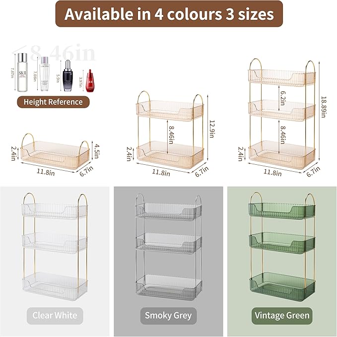 3 Tier Bathroom Organizer Countertop Makeup Perfume Tray Skincare Organizer for Bathroom Dresser Vanity (Gold)