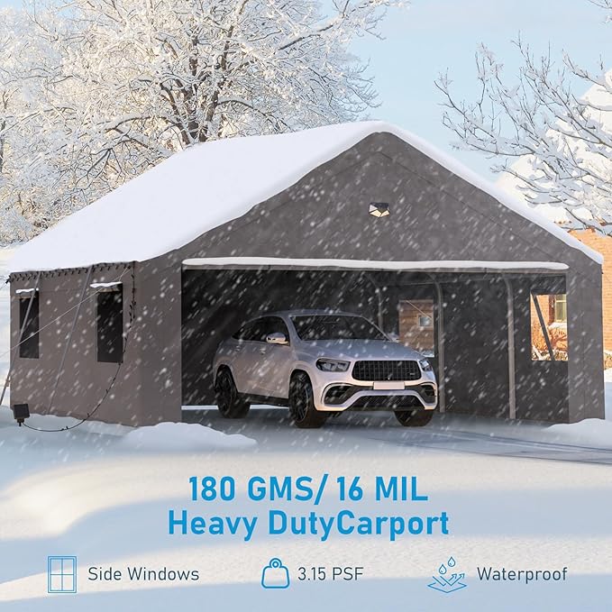 Carports Canopy 20x20 Heavy Duty, Portable Car Port Garage with Roll Up Drive Through Doors, Grey