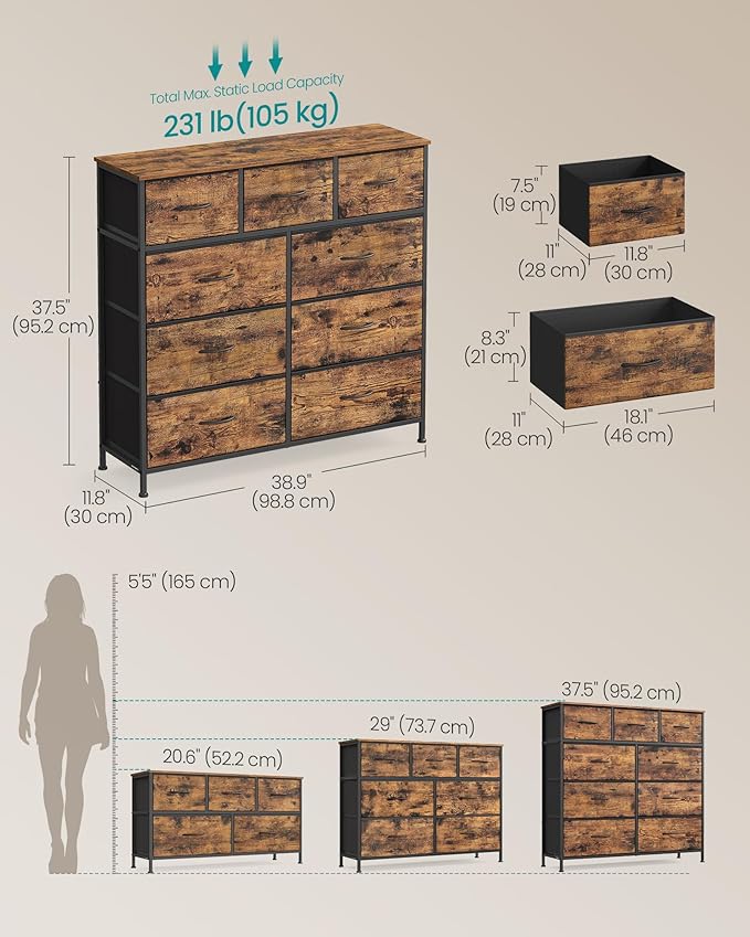 SONGMICS Dresser for Bedroom, Chest of Drawers, Steel, MDF, 9 Non-Woven Fabric Drawers, Storage Organizer Unit, Closet, Entryway, Rustic Brown and Ink Black LGS324B02S