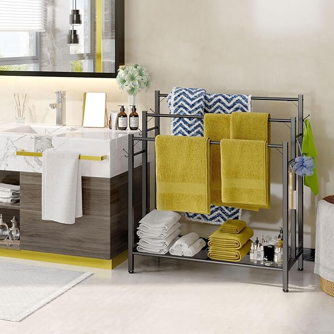 3 Tier Towel Rack with Large Storage & 6 Hooks, Blanket Rack for Oversized Bath Towels, Free Standing Pool Towel Rack Stand for Bathroom Pool Indoor/Outdoor, 35.8" H x 31.5" L x 11.8" W