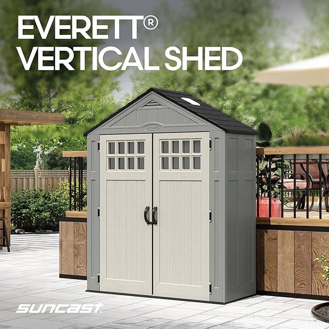 Suncast Everett 6x3 ft Vertical Storage Shed - Resin Outdoor Garden Shed with Floor, Windows, Skylight & Lockable Double Doors. Slim Yard Storage for Utility Tools & Backyard Equipment