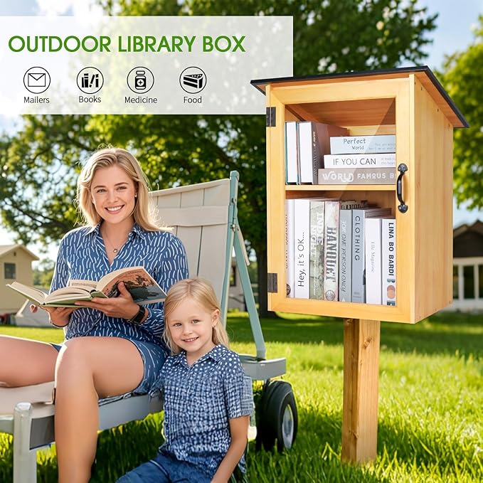 Outdoor Library Book Box - Double Free Literature Exchange Box Outdoor Book Storage Little Wood Cabinet with Shelf for DIY, Neighborhoods Community and Schools Sharing Books, Literature and Newspapers