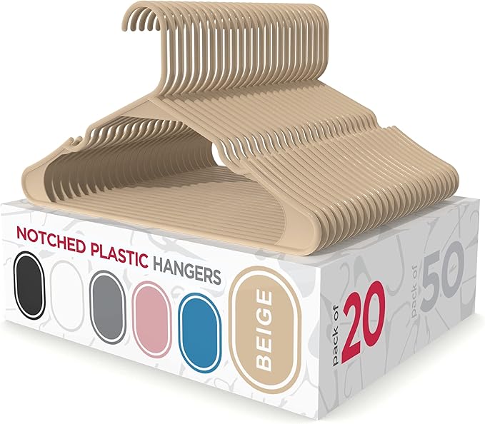 Sharpty Plastic Hangers Clothes Hangers for Clothing, Closet, Coats & Shirts - Notched, Durable & Space Saving - for Everyday Standard Use, Room Essentials & Basics - 20 Pack - Beige