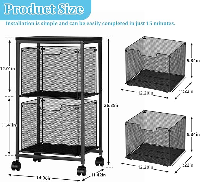 Rolling File Cart with 2 Storage Drawers, File Cabinet with Wheels, Hanging File Folder Organizer, Under Desk Storage, Printer Stand Utility Cart Filing Cabinet for Home Office,Black