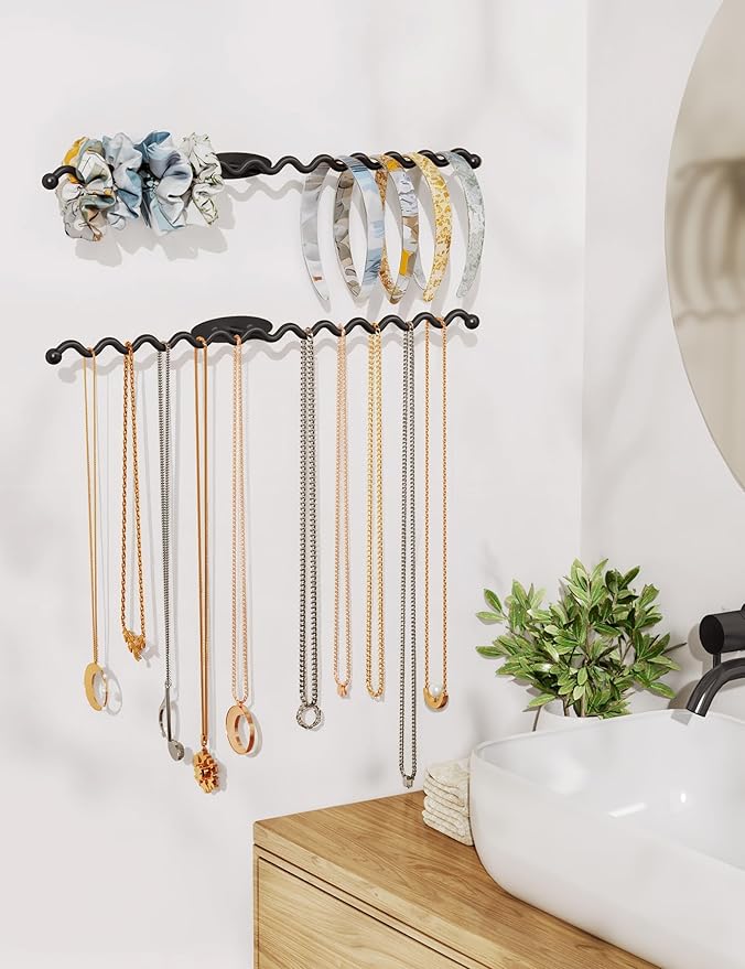 NiHome Wall Mounted Metal Jewelry Organizer Racks for Necklaces, Earrings, Bracelets, Rings, Decorative Display Wave Design Storage Holders for Bedroom, Bathroom, Kitchen, Entryway (2-Pack, Black)