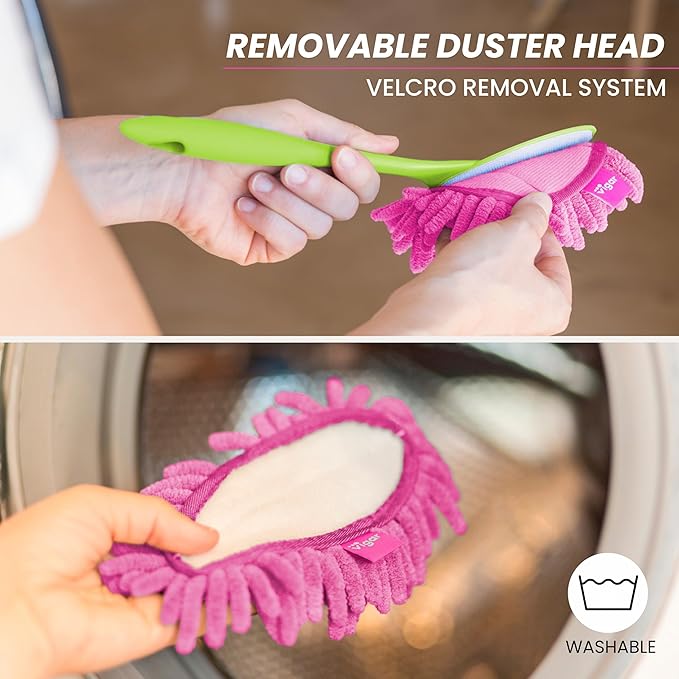 Vigar Flower Power Microfiber Duster with Comfortable Non-Slip Handle, Detachable Washable Duster Head, Green and Pink